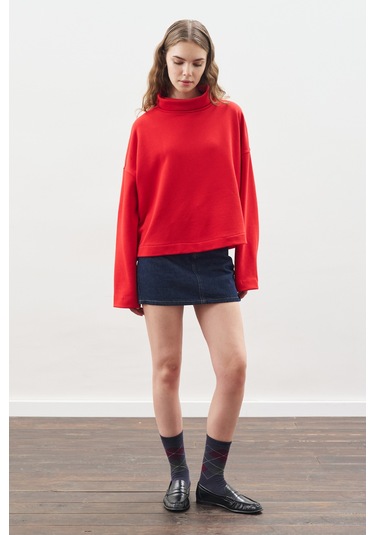 Yüksek Yakalı Oversıze Sweatshırt Kırmızı Kırmızı