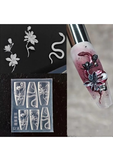 1 Adet Manolya Çiçek Yılan Gül Çiçek 3d Akrilik Tırnak Kalıp Nail Art Süslemeleri Silikon Damgalama Plakaları Tırnak Aksesuarları Plum