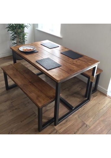 Halevia Metal Ahşap Yemek Masası Ve Çift Bench.