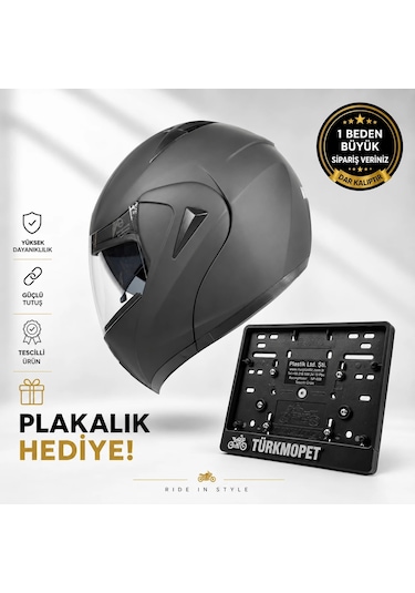 Vrt Çene Açılır Güneş Vizörlü Kask + Plakalık Mat Siyah