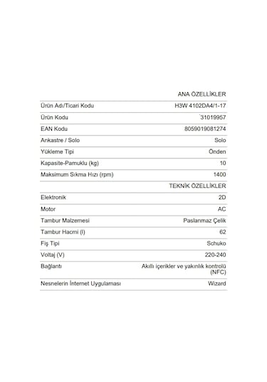 Hoover 31019957 H3W 4102DA4/1-17 10 KG 1400 Devir Önden Yüklemeli Çamaşır Makinesi