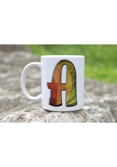 A Harf Yaprak Renkleri İle Kupa Bardak - Kişiye Özel Alfabe Harfli Bardak - Hediye Beyaz