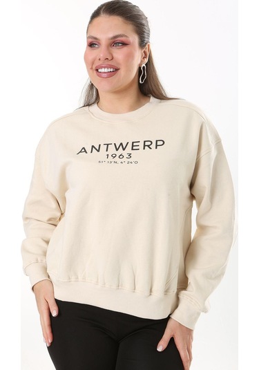 Kadın Büyük Beden Bej İçi Şardonlu Kumaş Ön Baskılı Sweatshirt 65n37719-bej Bej