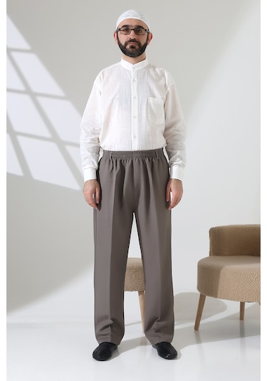 Erkek Beli Lastikli Cepli Hac Umre Kumaş Şalvar Pantolon - Toprak Isr Vizon