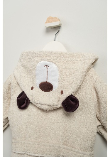 Sevimli Ayıcık Desenli 4 Parça %100 Pamuk Bornoz Seti 0-2 Yaş Kutulu Bej