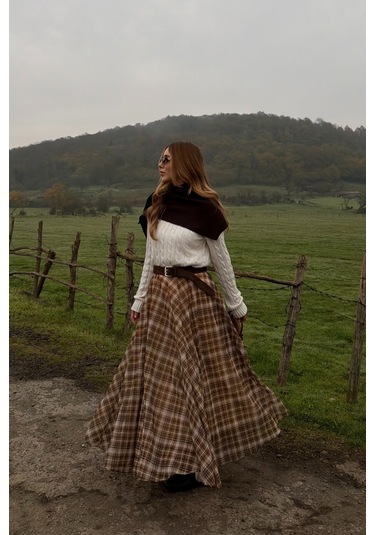 Kahverengi Şifon Ekoseli Etek - 0613 Kahverengi