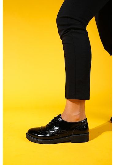 Avra Siyah Rugan Hakiki Deri Kadın Oxford Ayakkabı Siyah