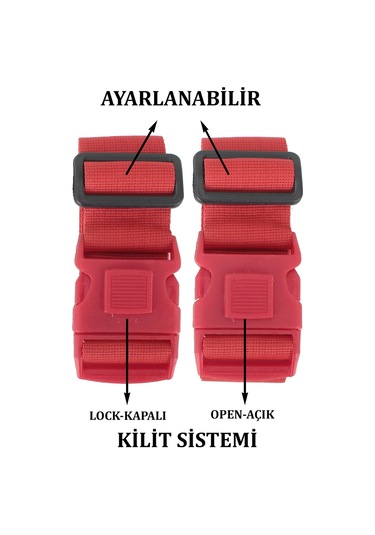 Case Cub 2 Adet Kırmızı Siyah Valiz Bavul Kemeri Aç Kapat Emniyet Kilitli Ayarlanabilir Kırmızı - Siyah