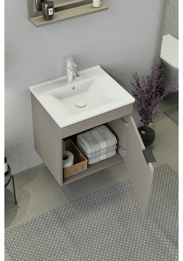 Biani Fix Arya 55 Cm Banyo Dolabı,Seramik Lavabolu, Aynalı,Lavabo Dahil,Mdf,Latte Biani Fix Arya 55 Cm Banyo Dolabı,Seramik Lavabolu, Aynalı,Lavabo Dahil,Mdf,Latte