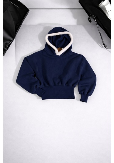 Kapşonlu Peluş Detaylı Sweatshirt Mavi