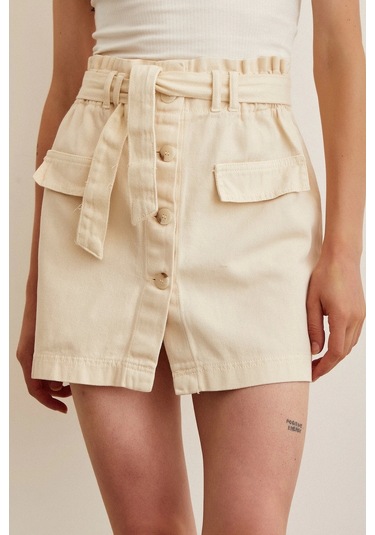 Never More Düğmeli Gabardin Etek Bej