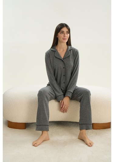 Kadın Uzun Kol Triko Önden Düğmeli Gri Melanj Pijama Takım C1t8n9o51 001