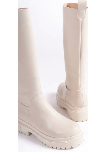 Mıra Bağcıksız Fermuarlı Ortopedik Taban Kadın Çizme Kt - Krem Krem