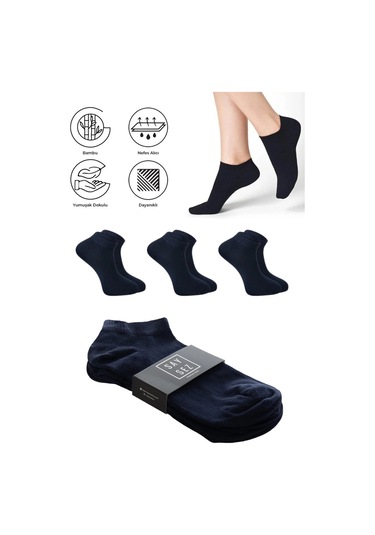 Bambu Erkek Patik Düz Lacivert Renk Çorap Dikişsiz Premium 3'lü Paket Lacivert