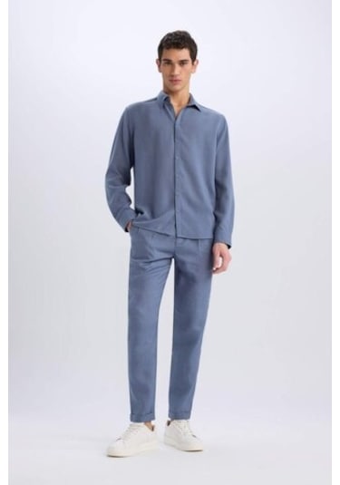 Defacto %100 Keten Normal Kesim Crop Duble Paça Yazlık Kumaş Pantolon C1826ax25smın247 İndigo