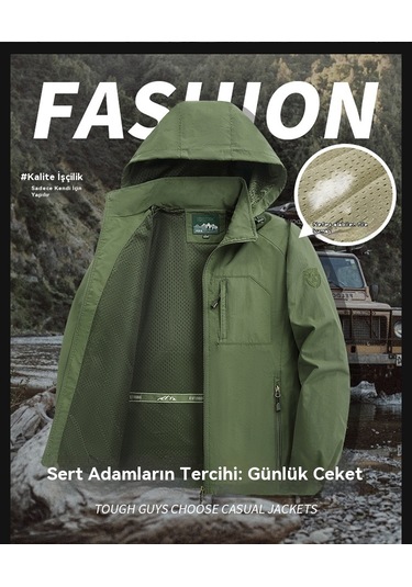 Erkek İlkbahar Ve Sonbahar Spor Rahat Çıkarılabilir Kapüşonlu Rüzgar Geçirmez Ve Su Geçirmez Ceket Siyah