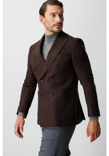 Erkek Kiremit Slım Fıt / Dar Kalıp Geniş Kırlangıç Ceket-20008 Kahverengi