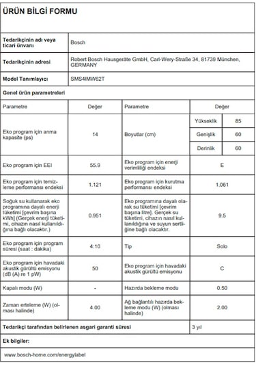 Bosch SMS4IMW62T 6 Programlı 14 Kişilik Bulaşık Makinesi