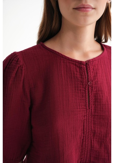4713 Kadın Beli Büzgülü Kolu Lastikli Bol Müslin Bluz Bordo Bordo