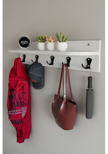 Alpa Ev Mobilya 5 Askılı Raflı Portmanto, Elbise Askılığı, Modern Duvar Organizer Askılık Beyaz