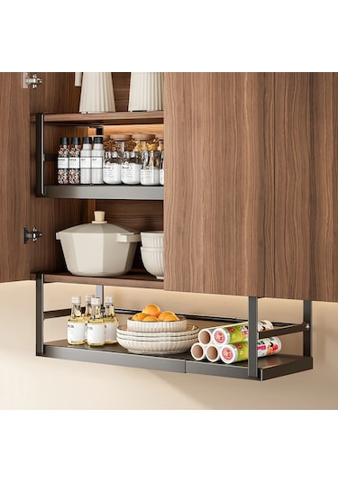 Honeybeeshop 1 Adet Siyah Büyük Ayarlanabilir Metal Dolap Rafı Baharat Şişeleri Ve Soslar İçin Genişletilebilir Mutfak Depolama Rafı