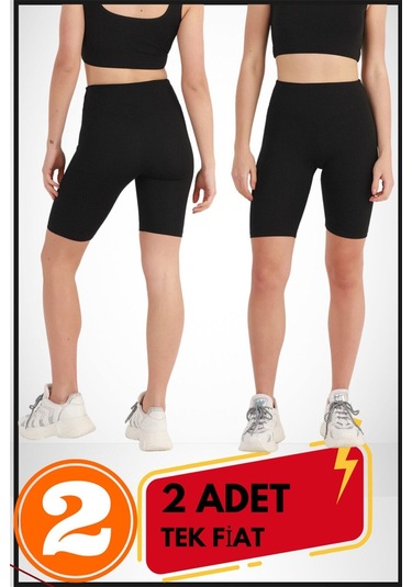 Kadın Kısa Siyah Şort Tayt 2'li Paket Lycralı Yüksek Bel Toparlayıcı Mevsimlik Biker 21070 Siyah - Siyah