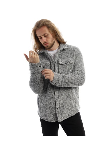 Erkek Çıt Çıt Detaylı Cepli Peluş Ceket Açık Gri-melanj Gri Melanj