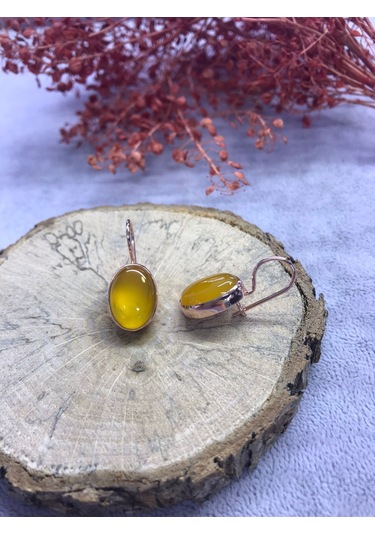 Sarı Akik Taşı Gümüş Küpe 925 Ayar Doğal Taş