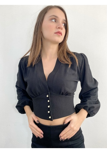 Mois Atelier Siyah Crop Top Bluz Gömlek, Tasarım, Hediye, Büyük Beden Siyah
