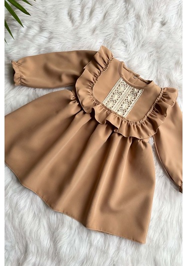 Dantel Detaylı Fırfırlı Camel Sütlü Kahve ve Kız Çocuk Bebek Elbise Kahverengi