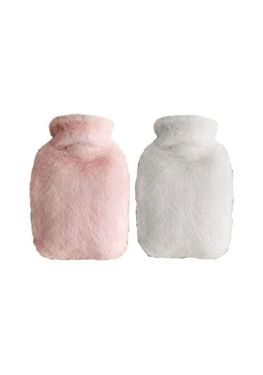 Sıcak Su Torbası 2 Adet,yan Cepli Peluş Termofor 27x17x2cm 750ml Pembe-beyaz