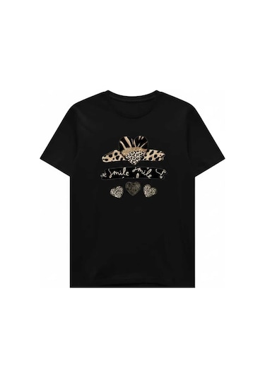 Leopar Kalpler Baskılı %100 Pamuk Kadın T-shırt Siyah