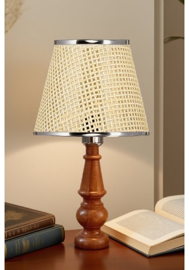 Ahşap Gövdeli Kumaş Başlıklı Dekoratif Abajur Masa Lambası Aydınlatma Lamba Bej