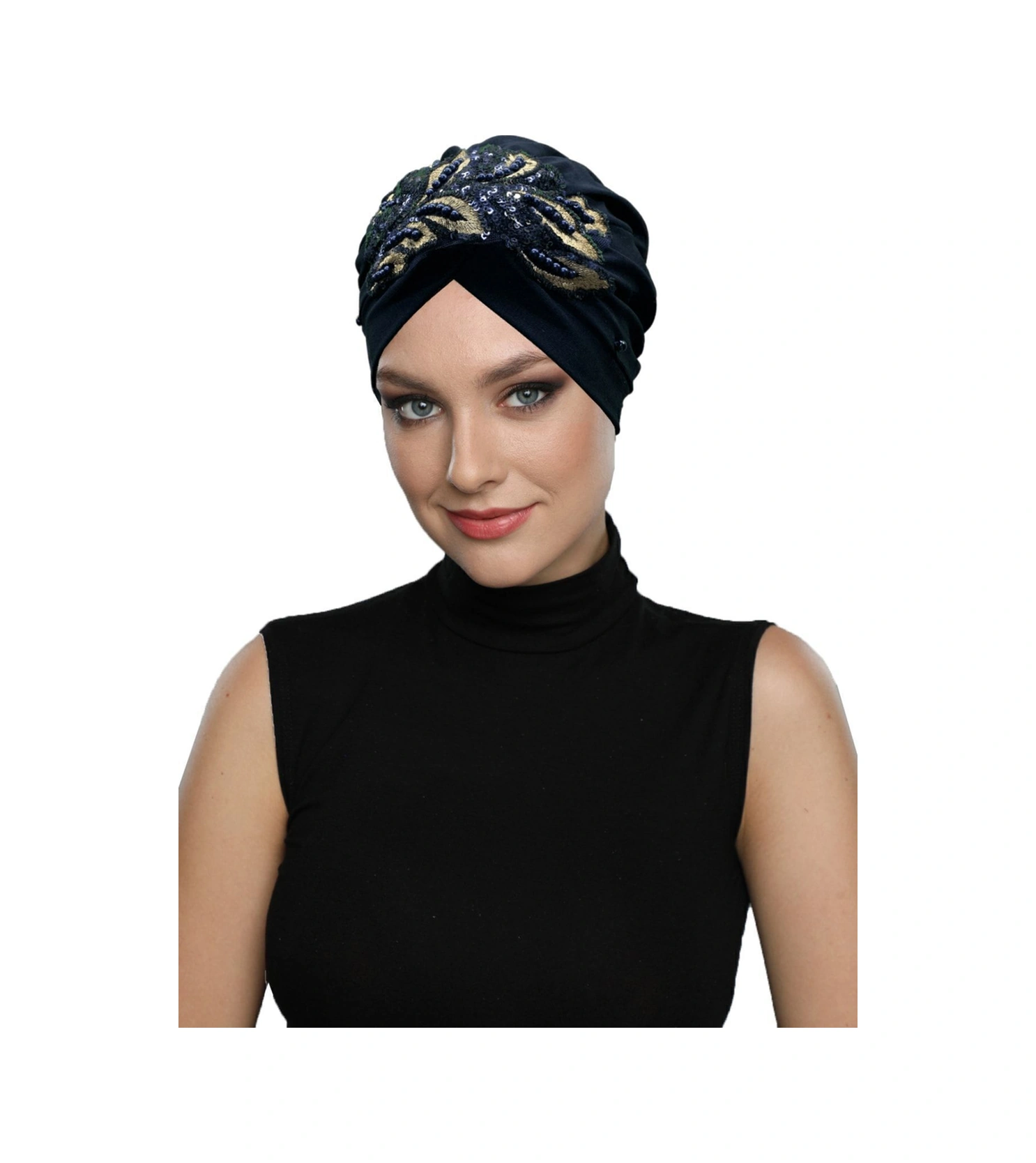 Kopma Astarlı Işlemeli Lacivert Payetli Yaprak Motifli Hazır Türban Tesettür Abiye Bone Lacivert Yaprak