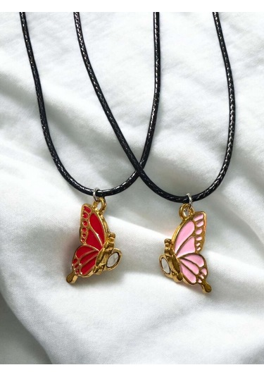 Kelebek İki Renk Iki Adet Mıknatıslı Çift Sevgili Kolye Takı Çok Renkli