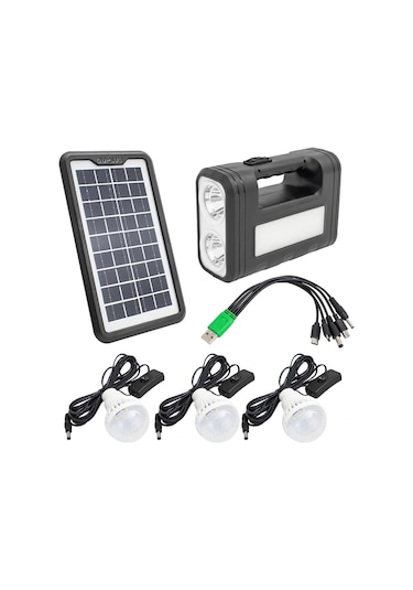 Panelli Solar Lamba 3 Ampullü Set Akülü Solar Işıldak Fener