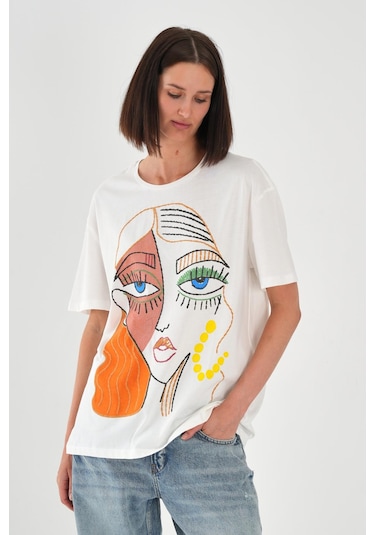 Alexandergardı Baskılı Basic Kadın T-shirt Ekru