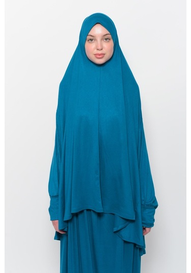 Pratik 2 Parça Pamuklu Yarasa Kollu Başörtülü Tesettür Namaz Elbisesi Açık Petrol Antrasit