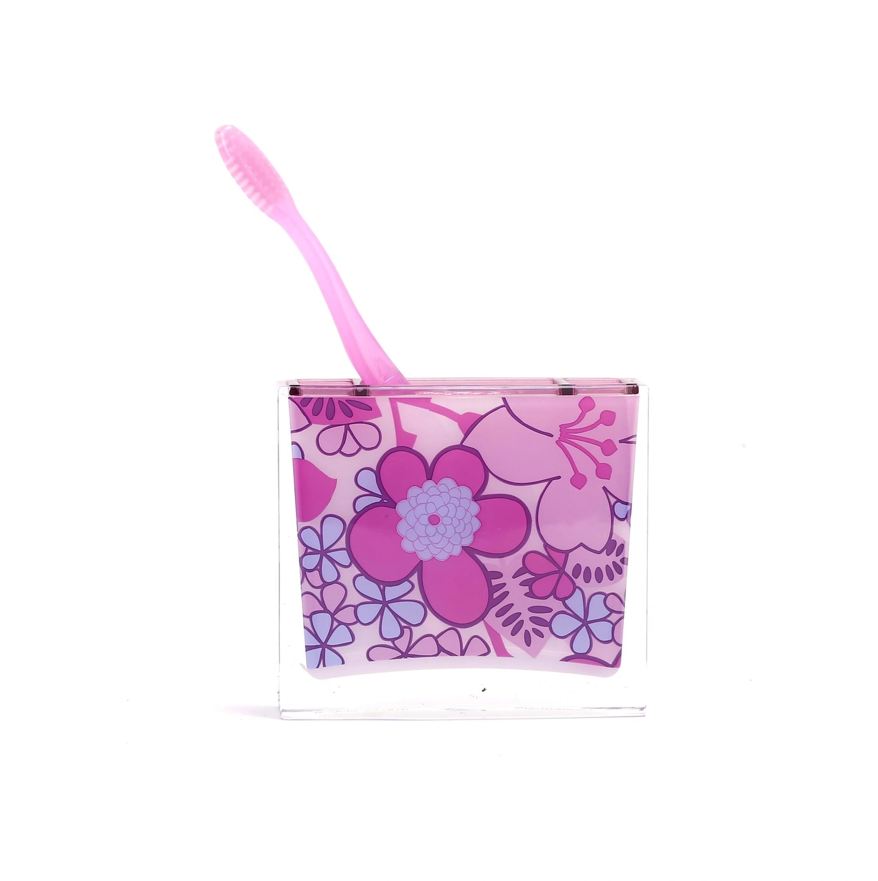 2 Adet Diş Fırçalık Pembe Çiçekli Akrilik 10x10x3cm Banyo Seti Çok Renkli