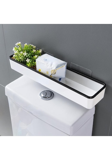 Siyah Tuvalet Rafı Duvara Monte Çok Fonksiyonlu Banyo Tuvalet Malzemeleri Büyük Deliksiz Banyo Depolama Rafı Siyah