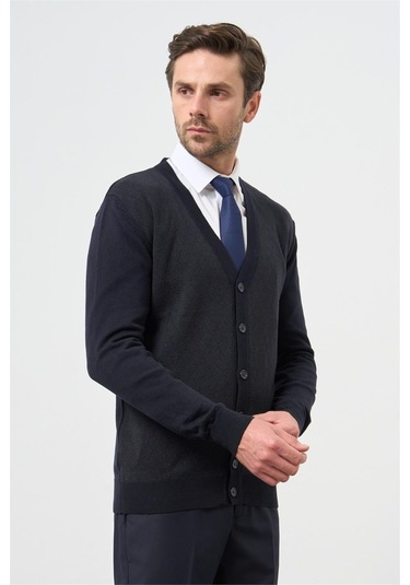 Koyu Lacivert Uzun Kol Kendinden Desenli Örme V Yaka Classic Comfort Fit Triko 1012245161 Koyu Lacivert