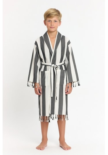 Çocuk Striped Peştamal Bornoz %100 Pamuk Unisex Siyah