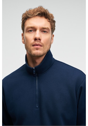 Grimelange BAXTER Erkek Dik Yakalı Fermuarlı Relaxed Lacivert Sweatshirt