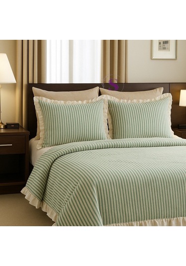 Sarı-bej % 100 Pamuk Fırfır İplik Boyalı Çift Kişilik Nevresim Takımı,modern Çizgili Nevresım Seti Mavi - Bej