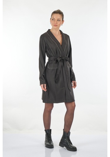 Unique Mode V Yaka Çizgili Uzun Kollu Siyah Kadın Elbise Uw233503 001