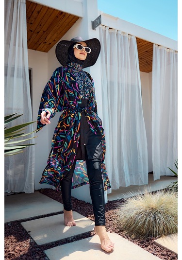 Remsa Tesettür Mayo Üzerine Tek Kaftan Kimono Pareo Siyah04 Rp035 Yağmur Lacivert