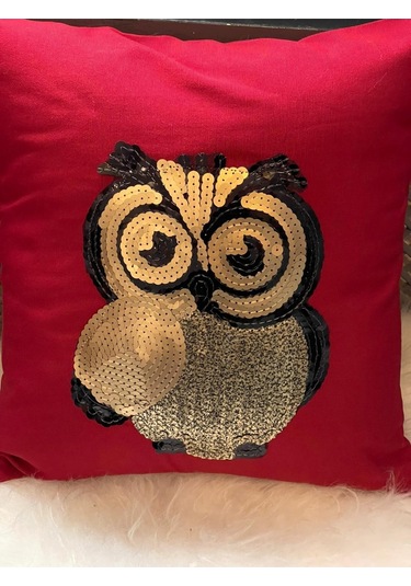 Baykuş Pul Payetli Kırlent Yastık Kılıfı 40x40 Kırmızı