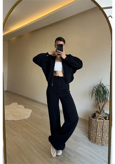 Neşeli Butik Kadın Fermuarlı Oversize Sweat Ve Yüksek Bel Eşofman Takımı Nm018 Siyah