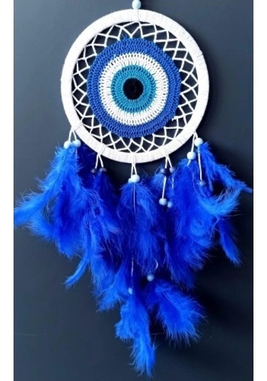 Saks Mavisi Kuş Tüylü Dream Catcher Nazar Boncuğu Motifli Düş Kapanı Duvar Süsü