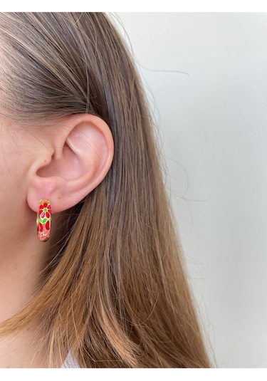 Renkli Kırmızı Çiçek Desenli Gold Kararmaz Çelik Halka Küpe Gold